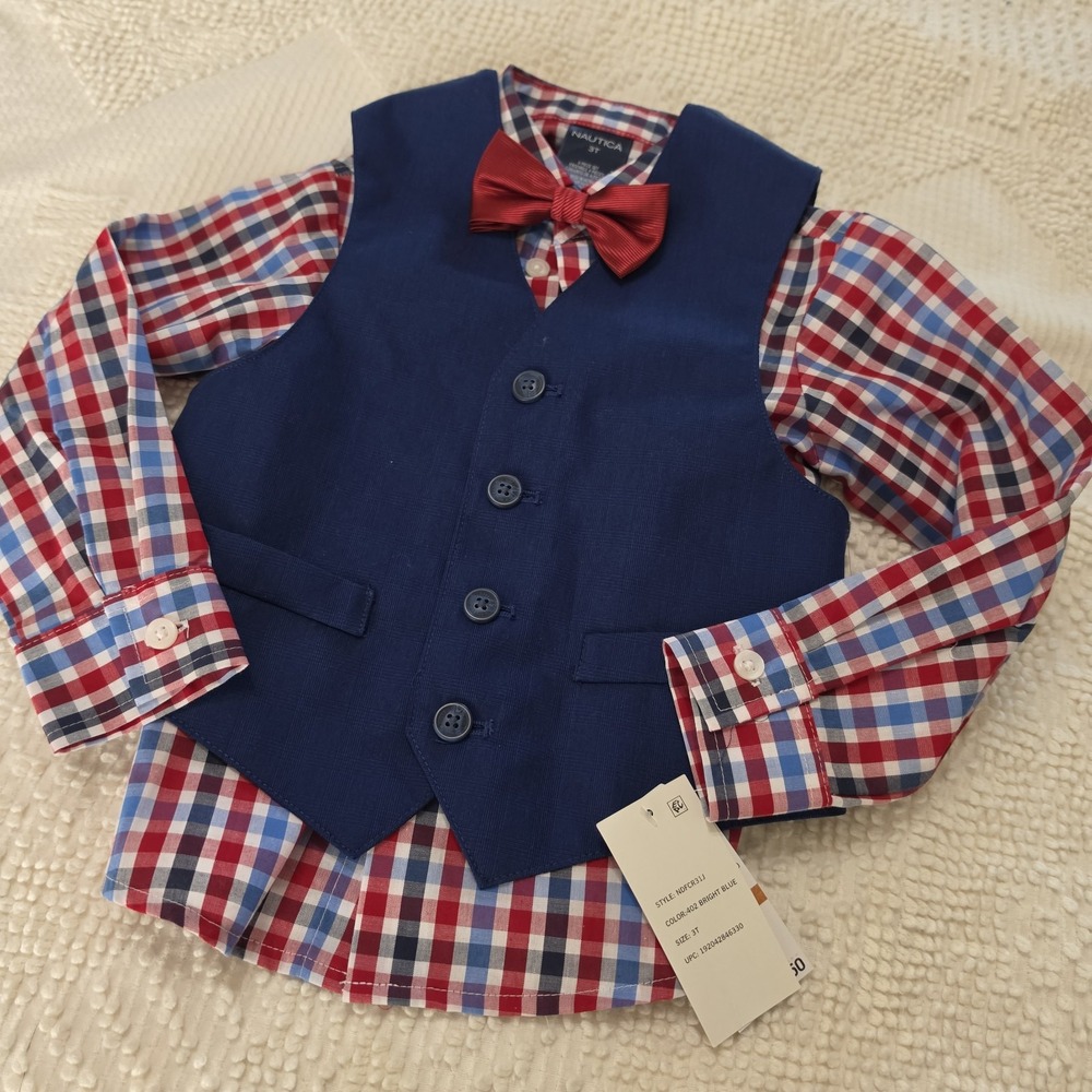 Nautica 3 Piece Set Boys 3T Blue Red Bow Tie Long Sleeve Shirt Vest